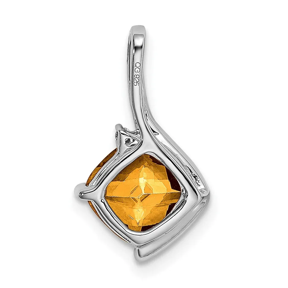 14k White Gold Cushion Citrine and Diamond Pendant