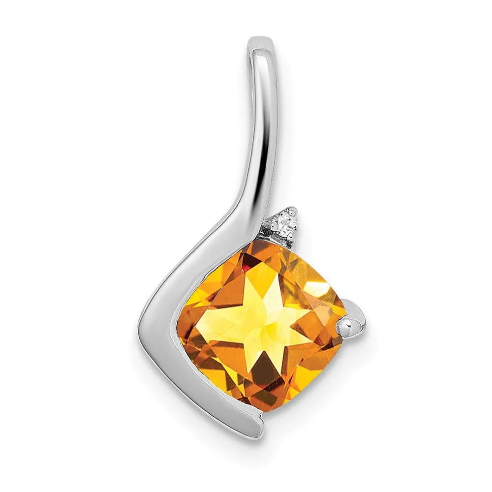 14k White Gold Cushion Citrine and Diamond Pendant