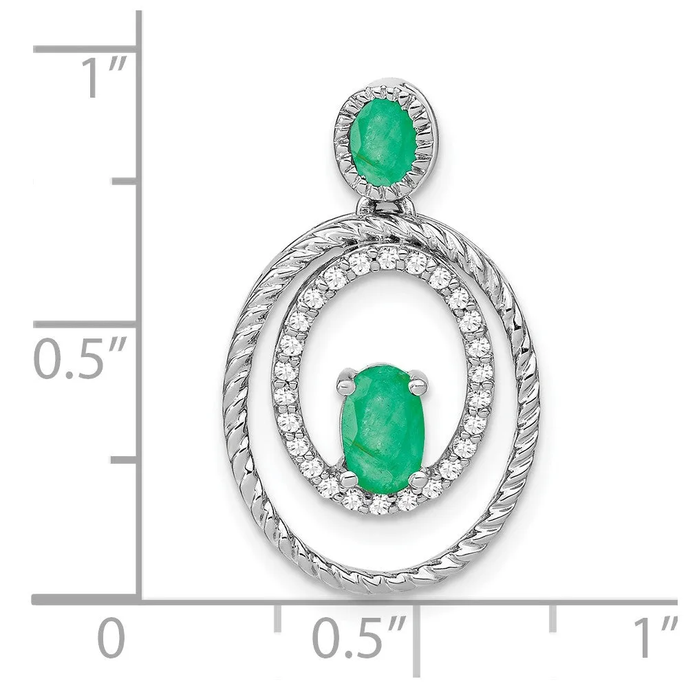 14k White Gold Emerald and Diamond Oval Pendant