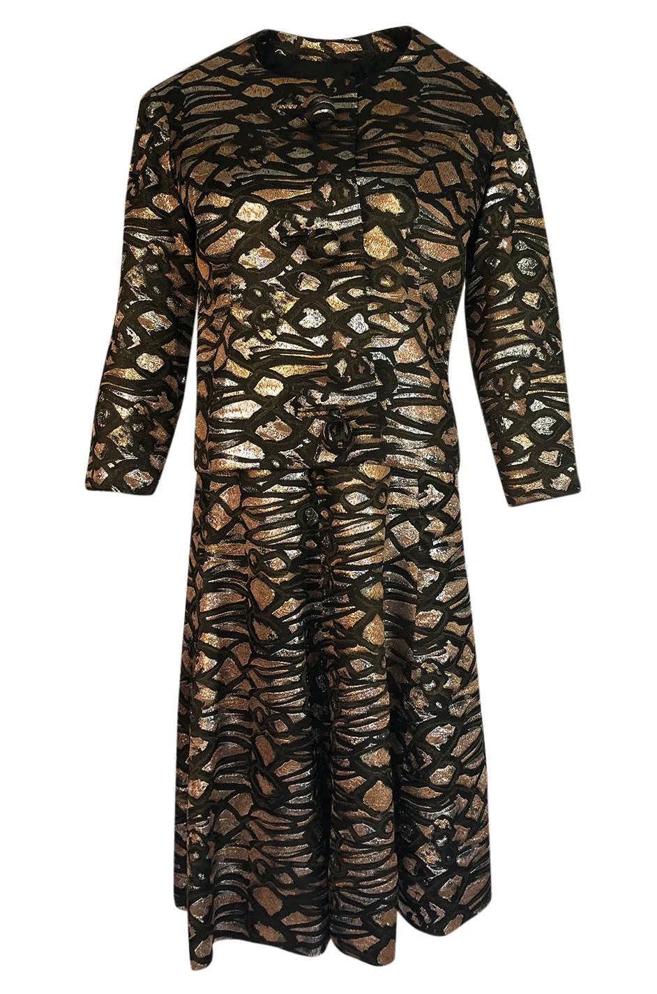 1960s Nina Ricci Metallic Gold Silver Silk Brocade Dress & Jacket Suit Set