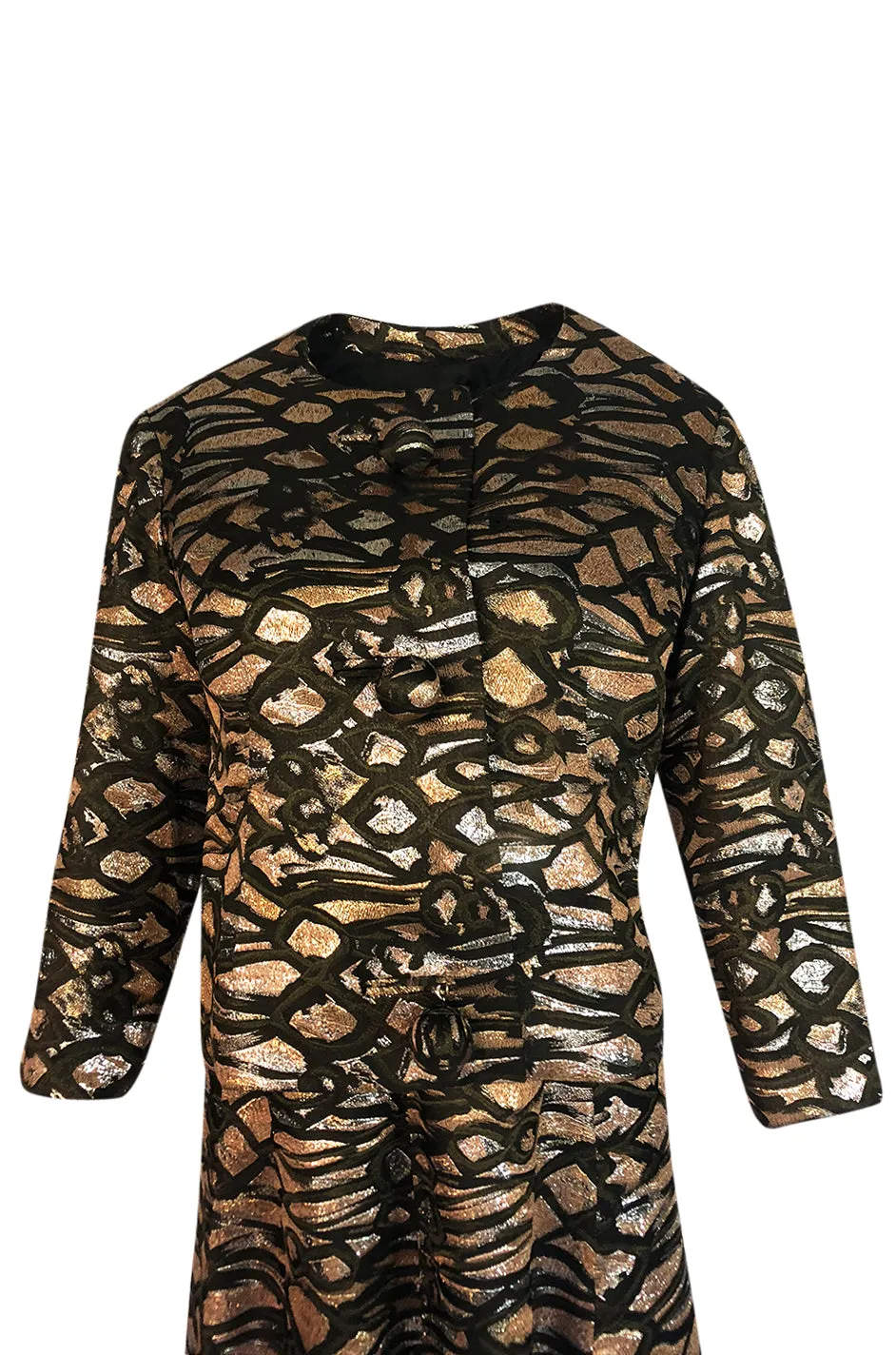 1960s Nina Ricci Metallic Gold Silver Silk Brocade Dress & Jacket Suit Set