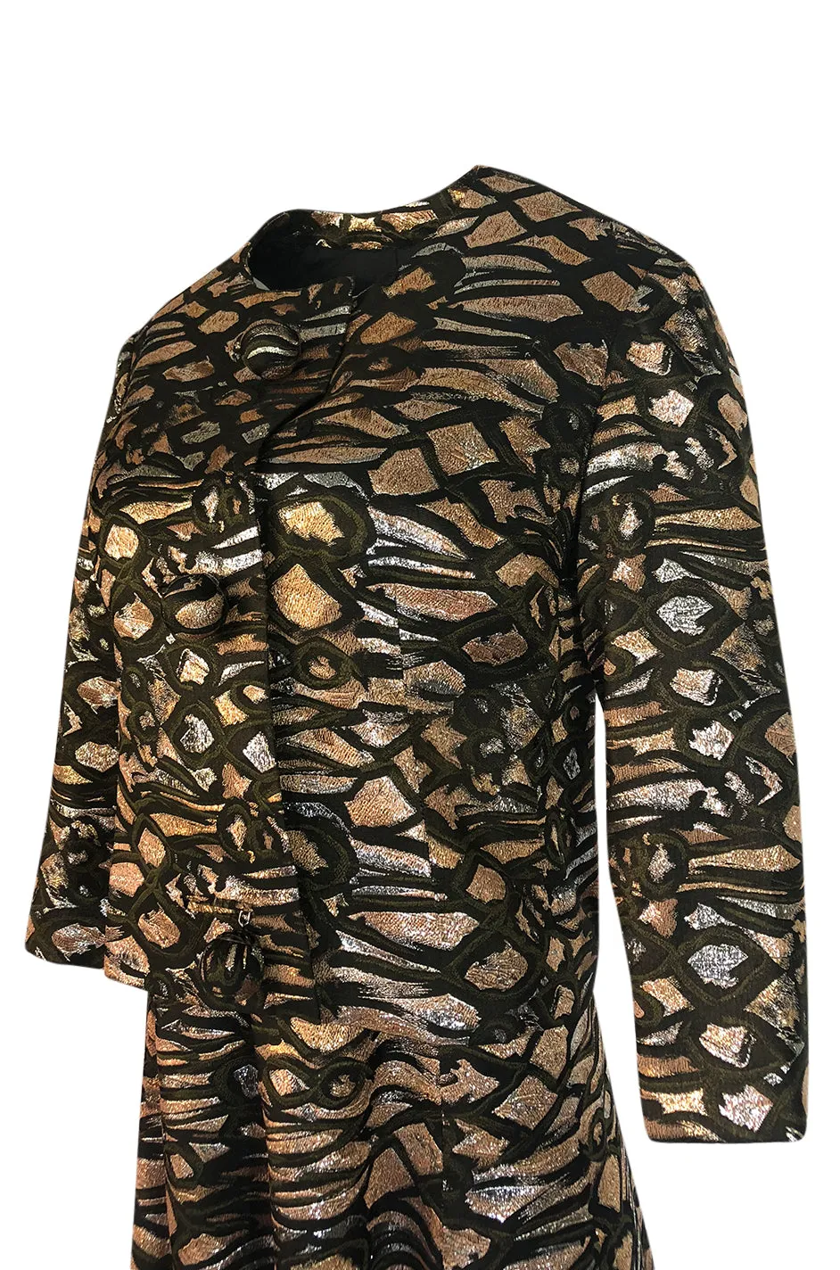 1960s Nina Ricci Metallic Gold Silver Silk Brocade Dress & Jacket Suit Set
