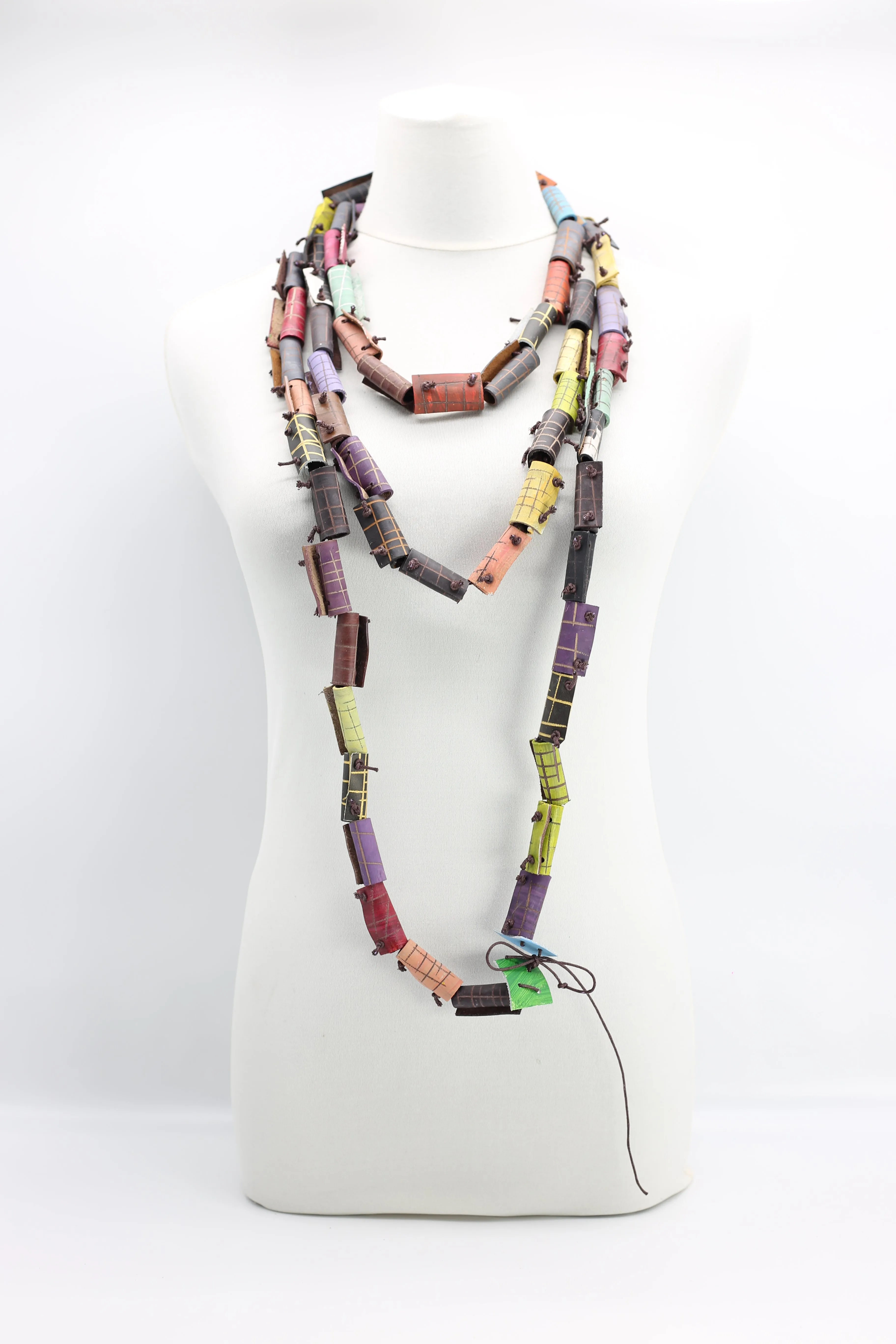 220cm-long hand carved and painted recycled leather necklace
