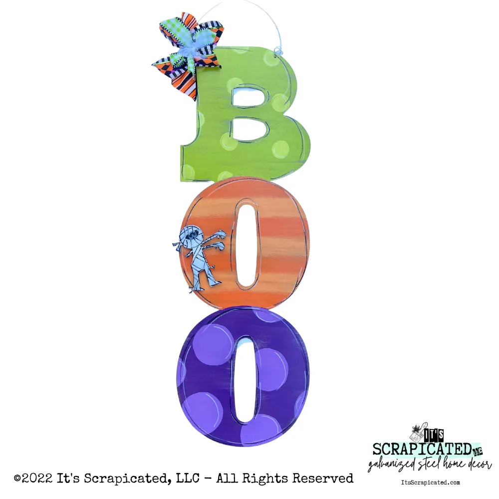 36 Inch Door Hanger BOO Lime, Orange & Purple w/ 6 Inch Mummy