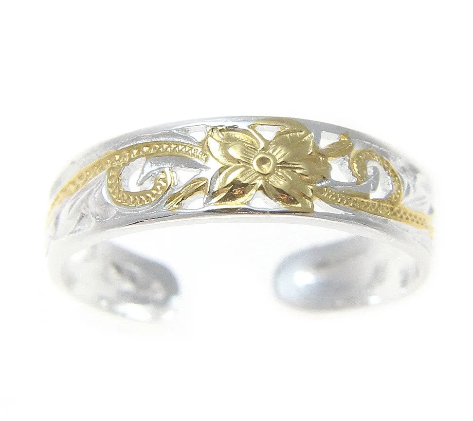 925 Silver Yellow Gold 2T Hawaiian Plumeria Scroll 4mm Inside Cut Open Toe Ring