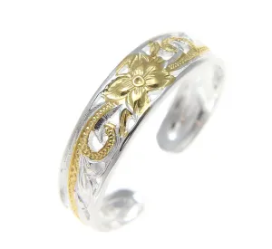 925 Silver Yellow Gold 2T Hawaiian Plumeria Scroll 4mm Inside Cut Open Toe Ring