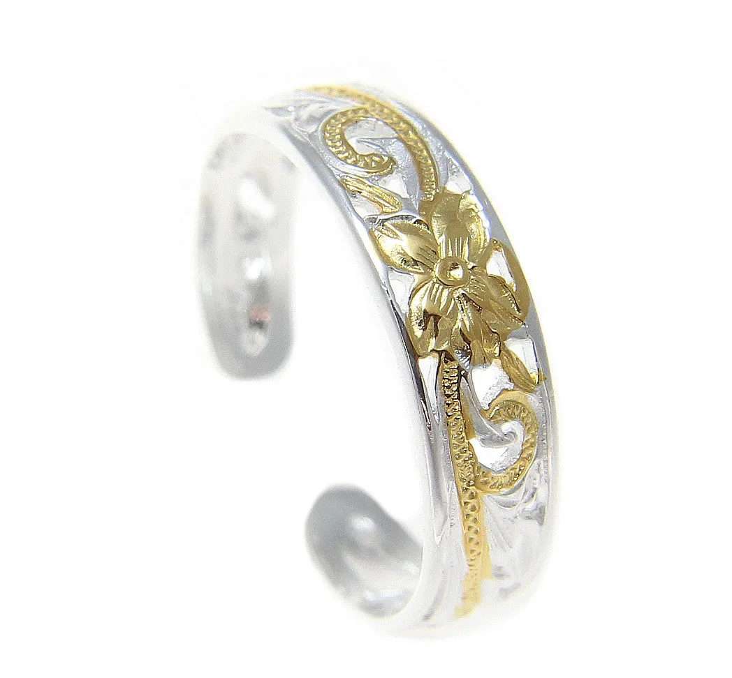 925 Silver Yellow Gold 2T Hawaiian Plumeria Scroll 4mm Inside Cut Open Toe Ring