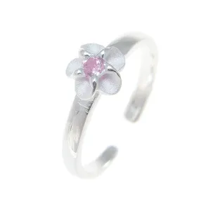 925 Sterling Silver Hawaiian Single Plumeria Flower Pink CZ Open Toe Ring
