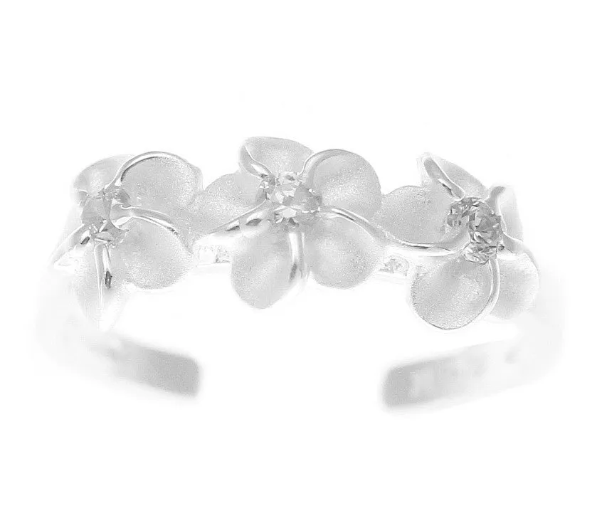 925 Sterling Silver Hawaiian Triple Plumeria Flower White CZ Open Toe Ring