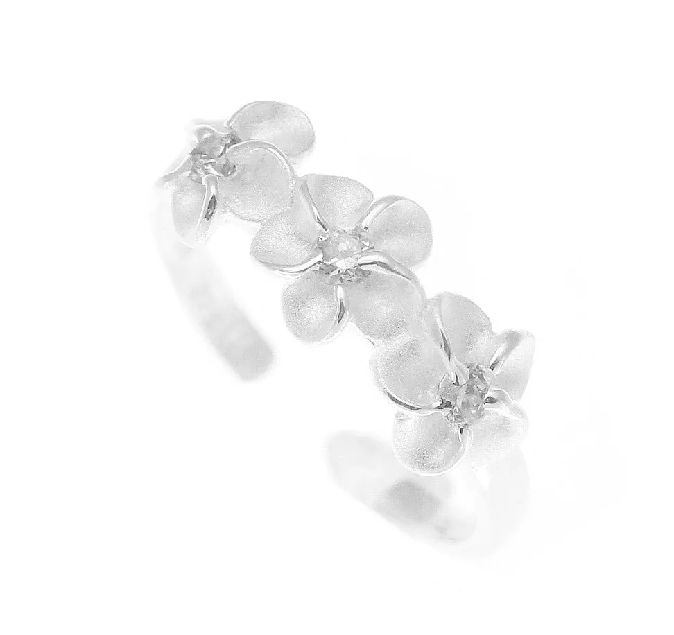 925 Sterling Silver Hawaiian Triple Plumeria Flower White CZ Open Toe Ring