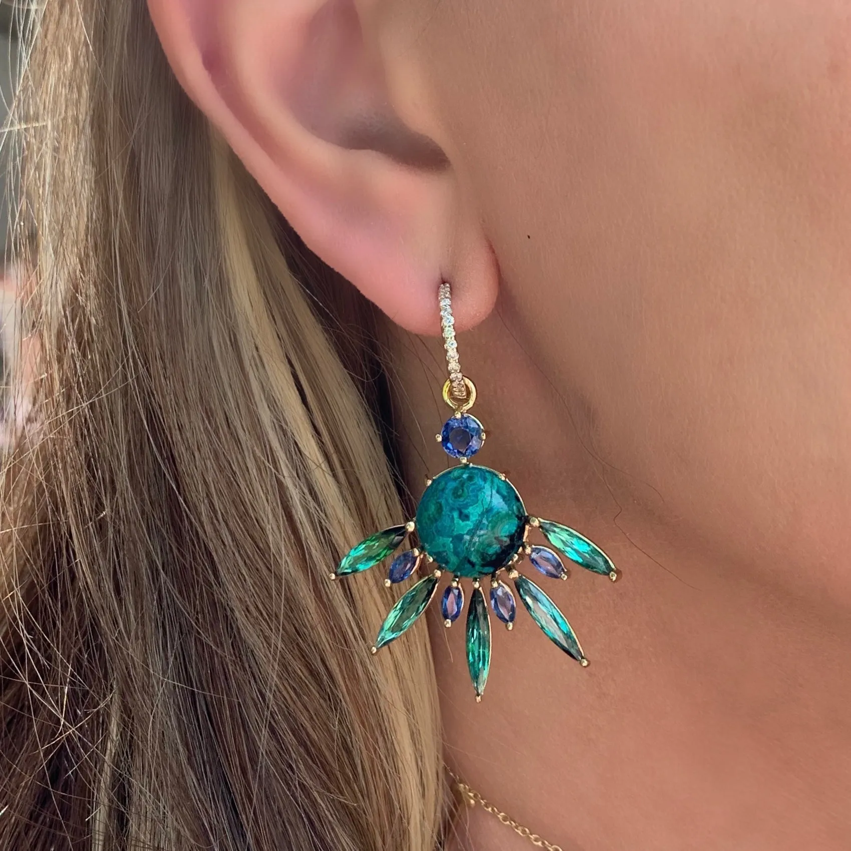 Azurmalachite & Tourmaline Fan Earrings