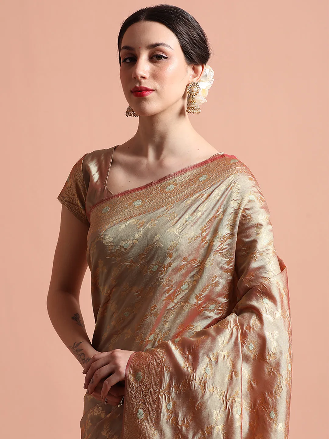Beige Silk Banarasi Zari Woven Heavy Saree