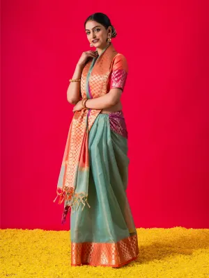 Blue Ganga Yamuna Muga Tissue Saree with Blouse Fabric