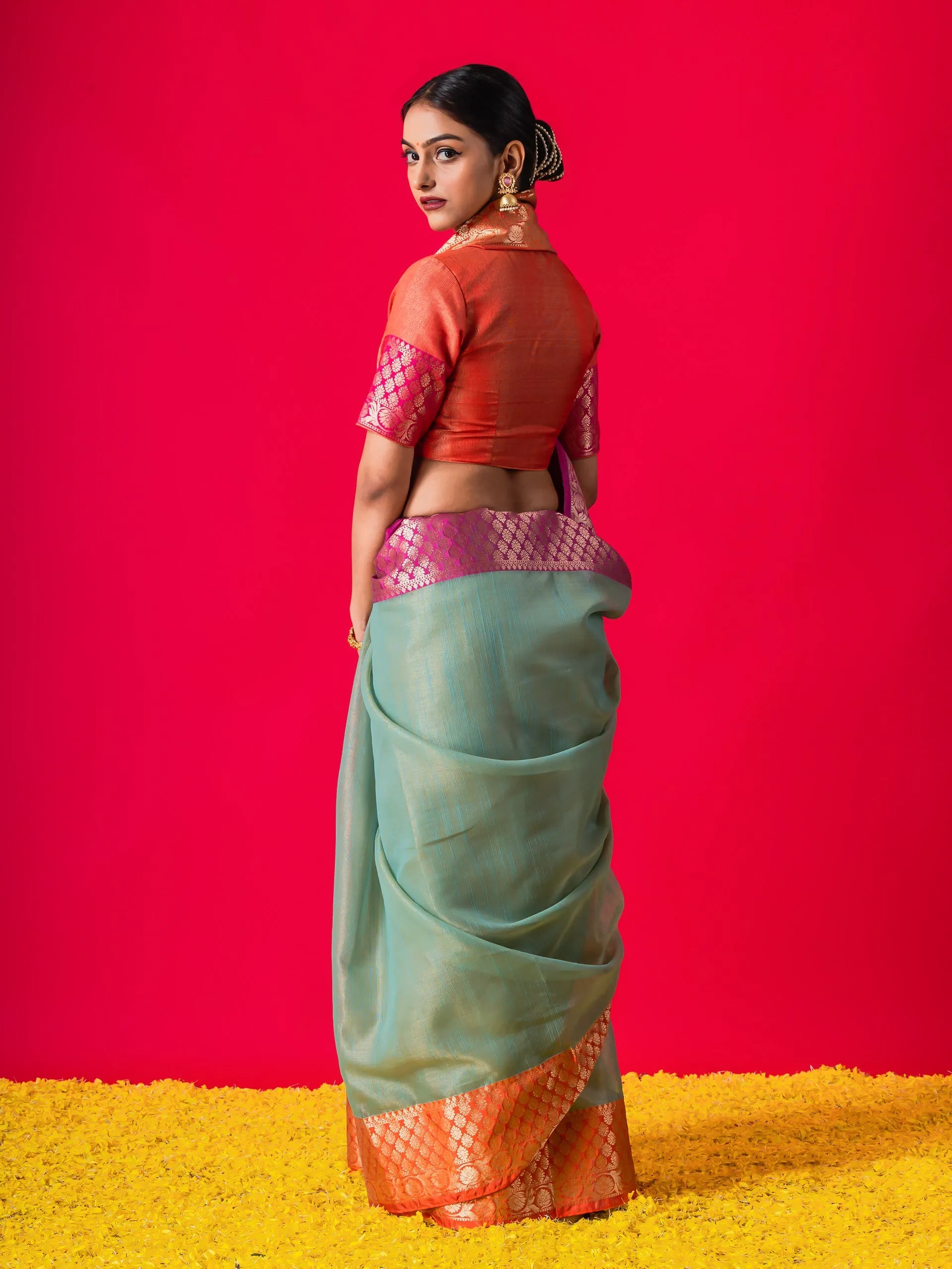 Blue Ganga Yamuna Muga Tissue Saree with Blouse Fabric