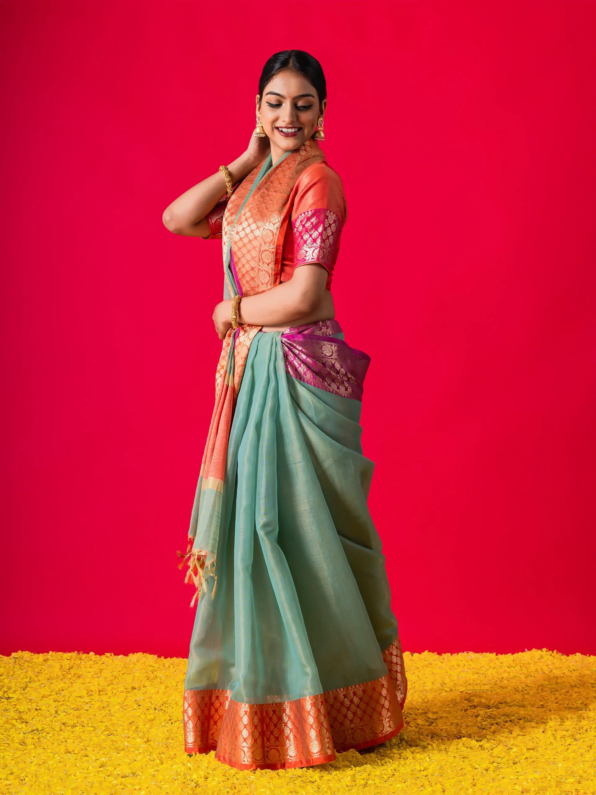 Blue Ganga Yamuna Muga Tissue Saree with Blouse Fabric