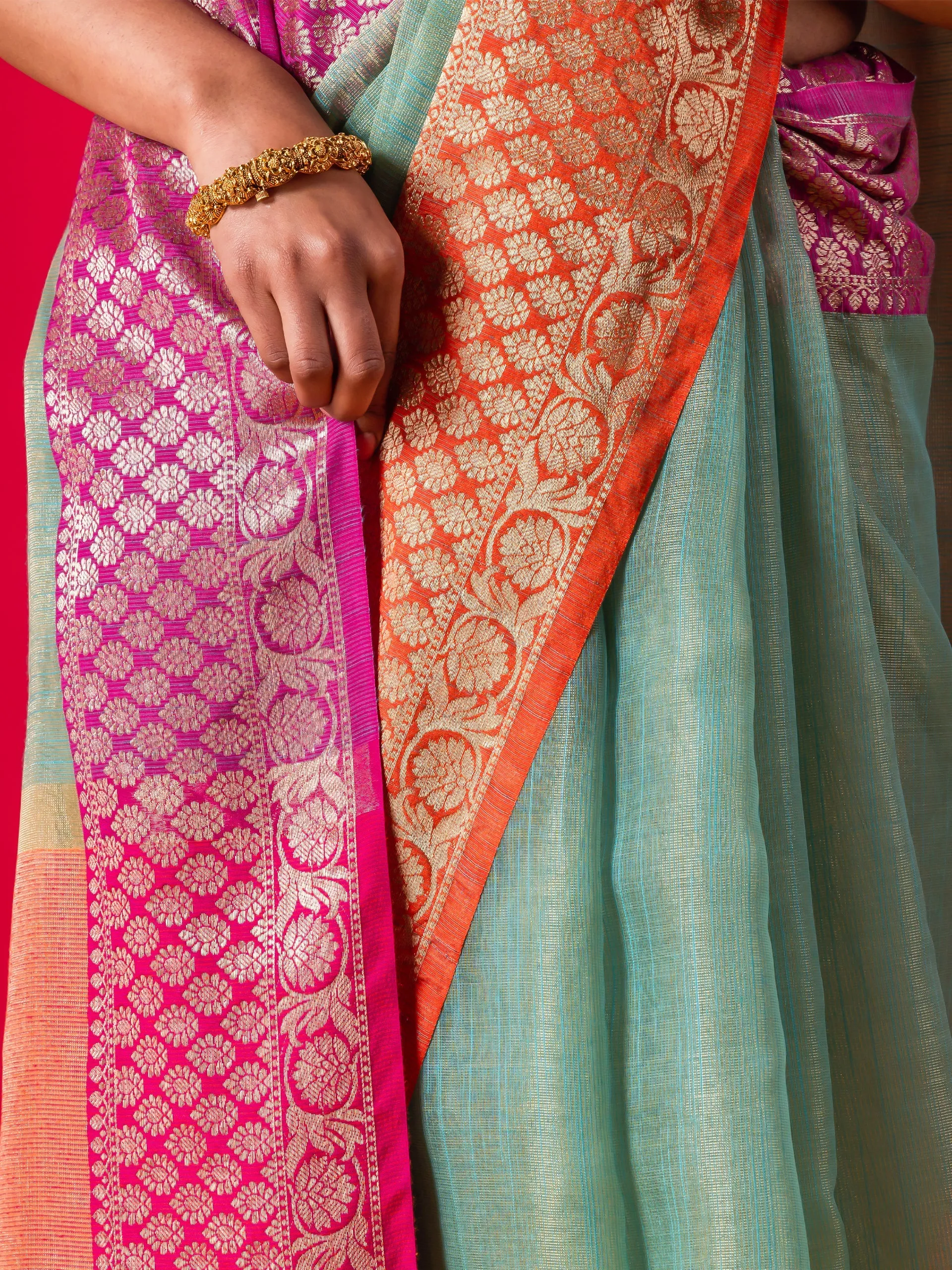 Blue Ganga Yamuna Muga Tissue Saree with Blouse Fabric