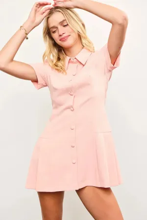Blush Pink Button-Up Collared Mini Dress with Pleated Skirt