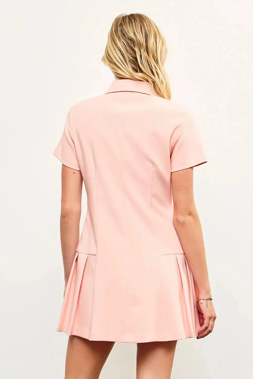Blush Pink Button-Up Collared Mini Dress with Pleated Skirt