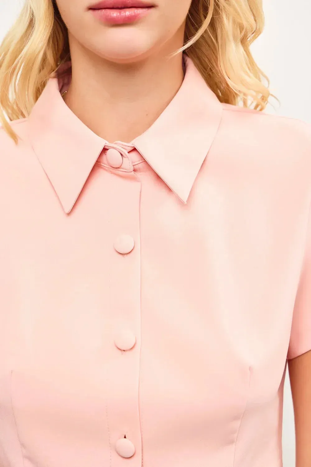 Blush Pink Button-Up Collared Mini Dress with Pleated Skirt