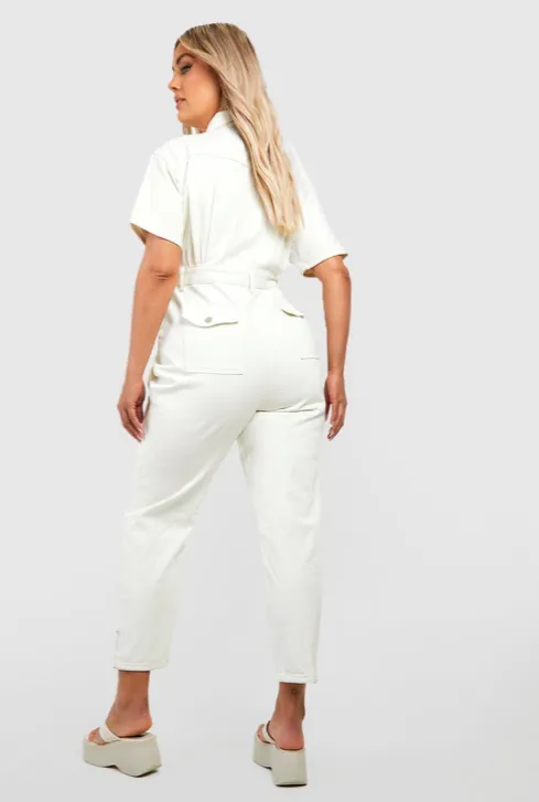 Boohoo Plus Short Sleeve Belted Tapered Cargo Denim Boilersuit