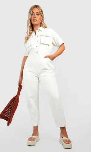 Boohoo Plus Short Sleeve Belted Tapered Cargo Denim Boilersuit