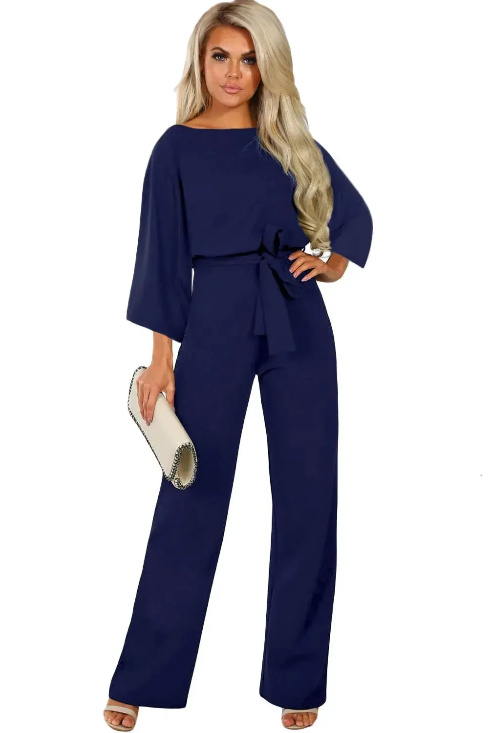 Bracelet Sleeve Jumpsuit – Waist Tie Wide Leg Romper – Day to Night