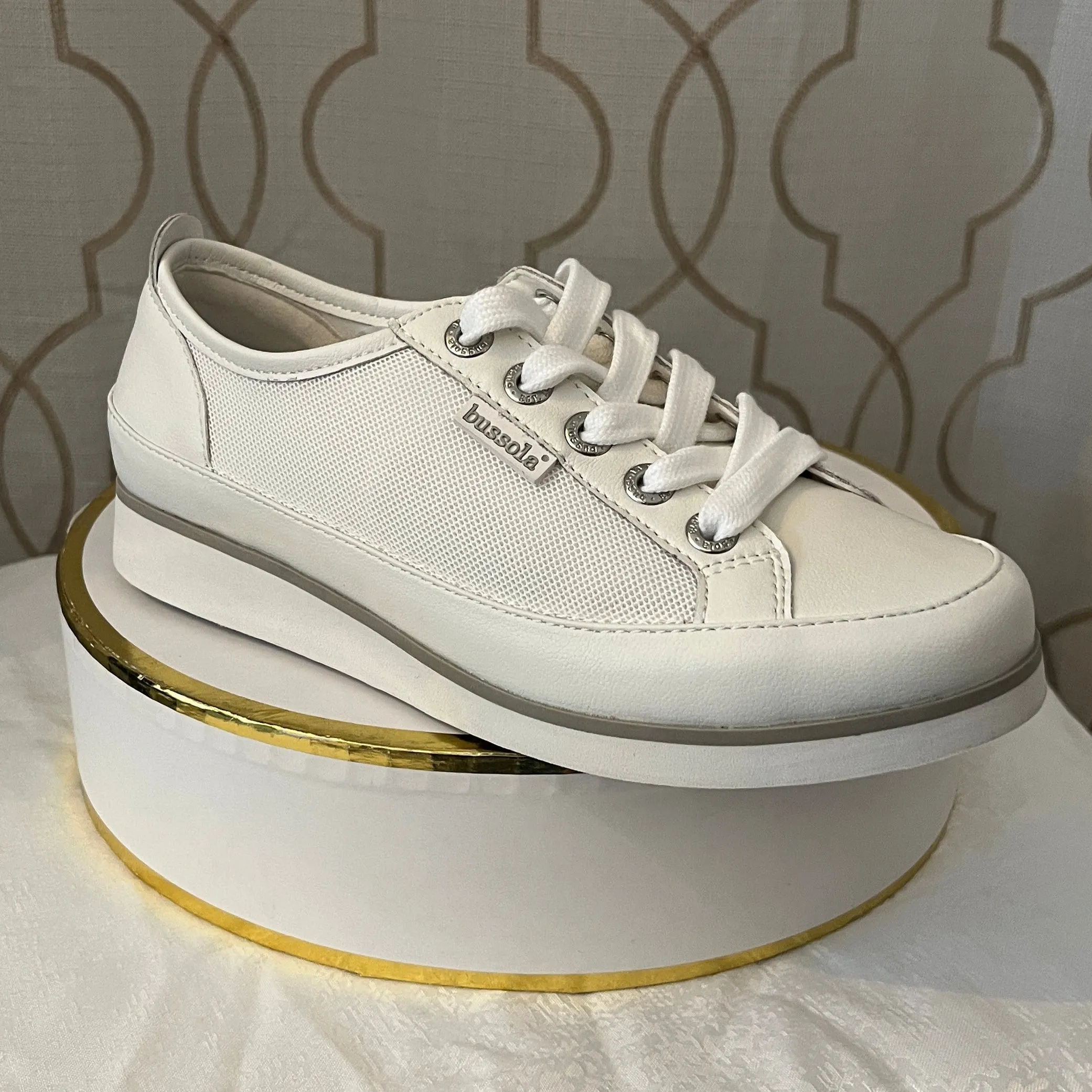 BUSSOLA KAETHE WHITE SUEDE AND MESH LACE UP SNEAKER