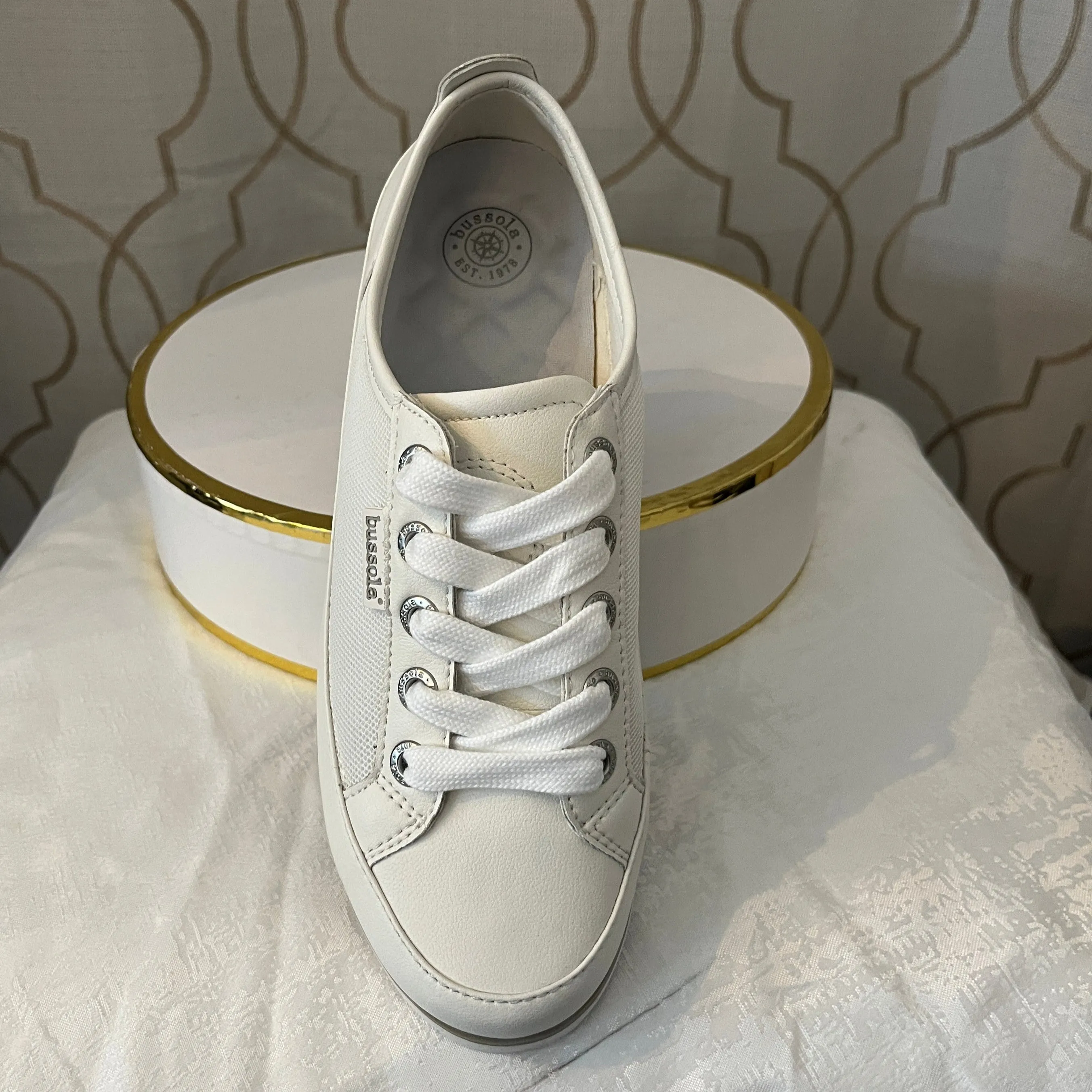 BUSSOLA KAETHE WHITE SUEDE AND MESH LACE UP SNEAKER