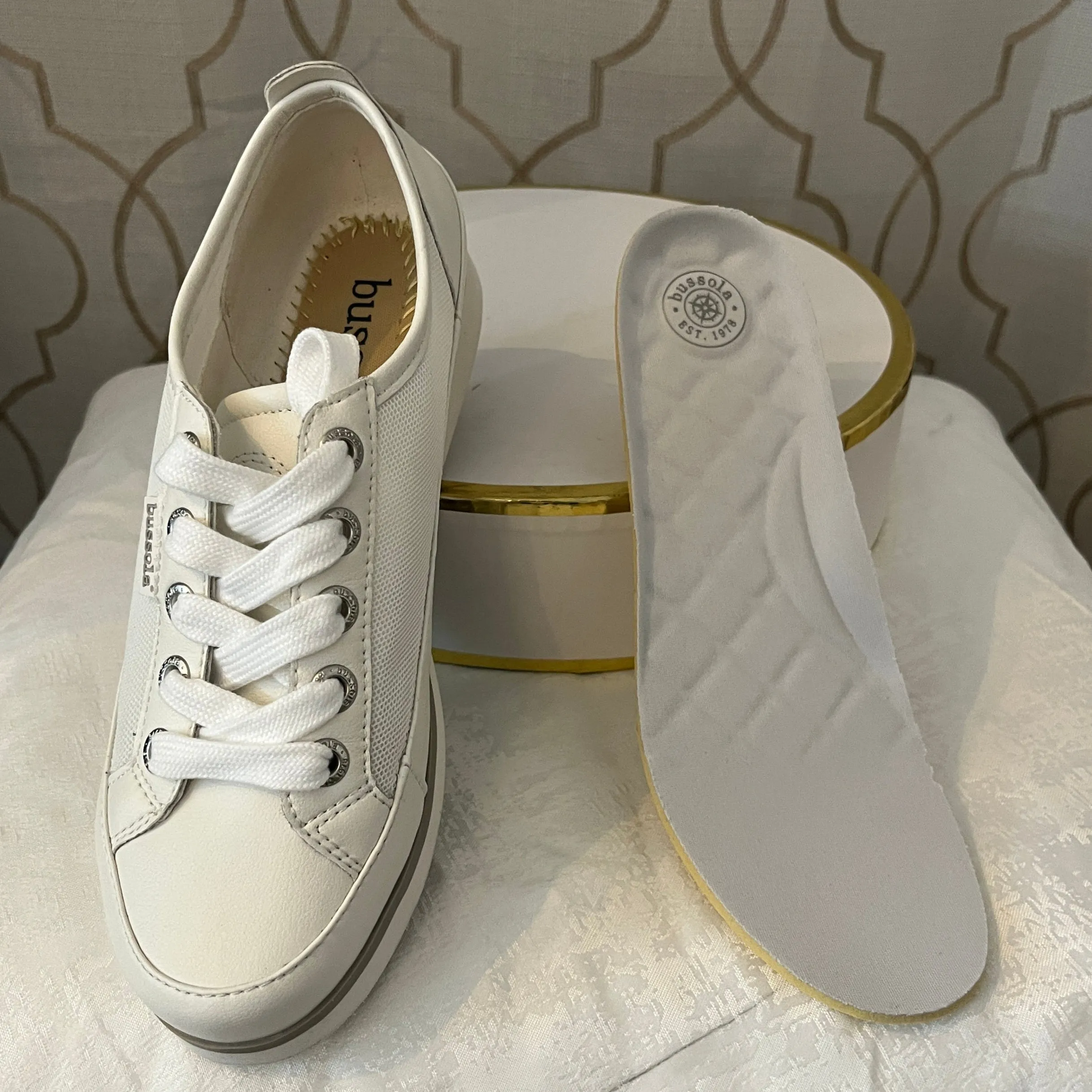 BUSSOLA KAETHE WHITE SUEDE AND MESH LACE UP SNEAKER