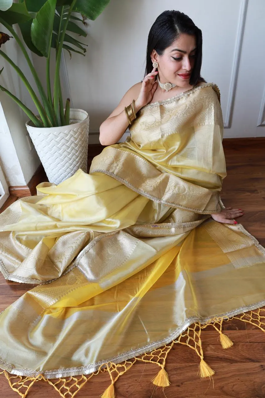 Celebrity Inspired  Yellow Tissue Saree