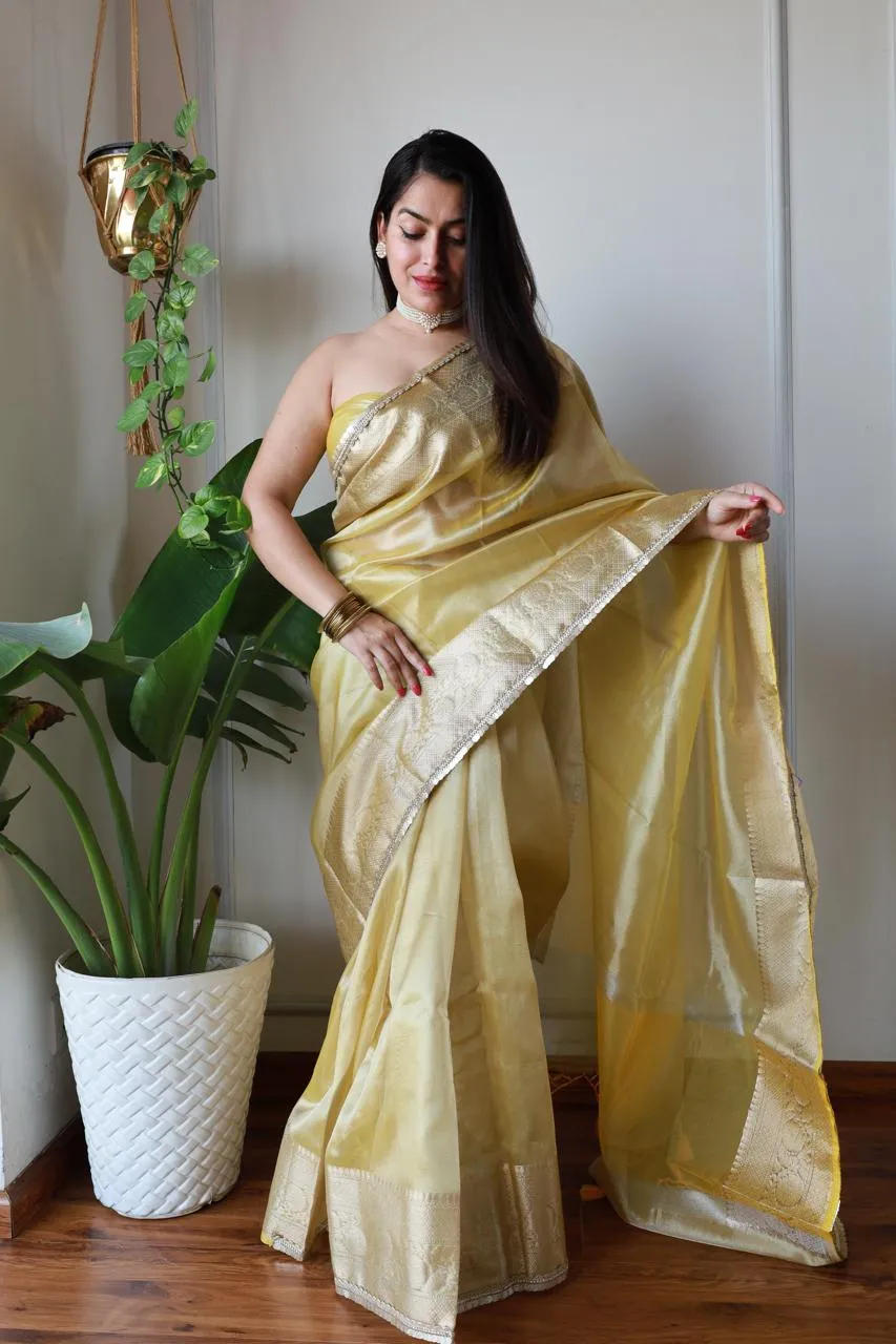 Celebrity Inspired  Yellow Tissue Saree