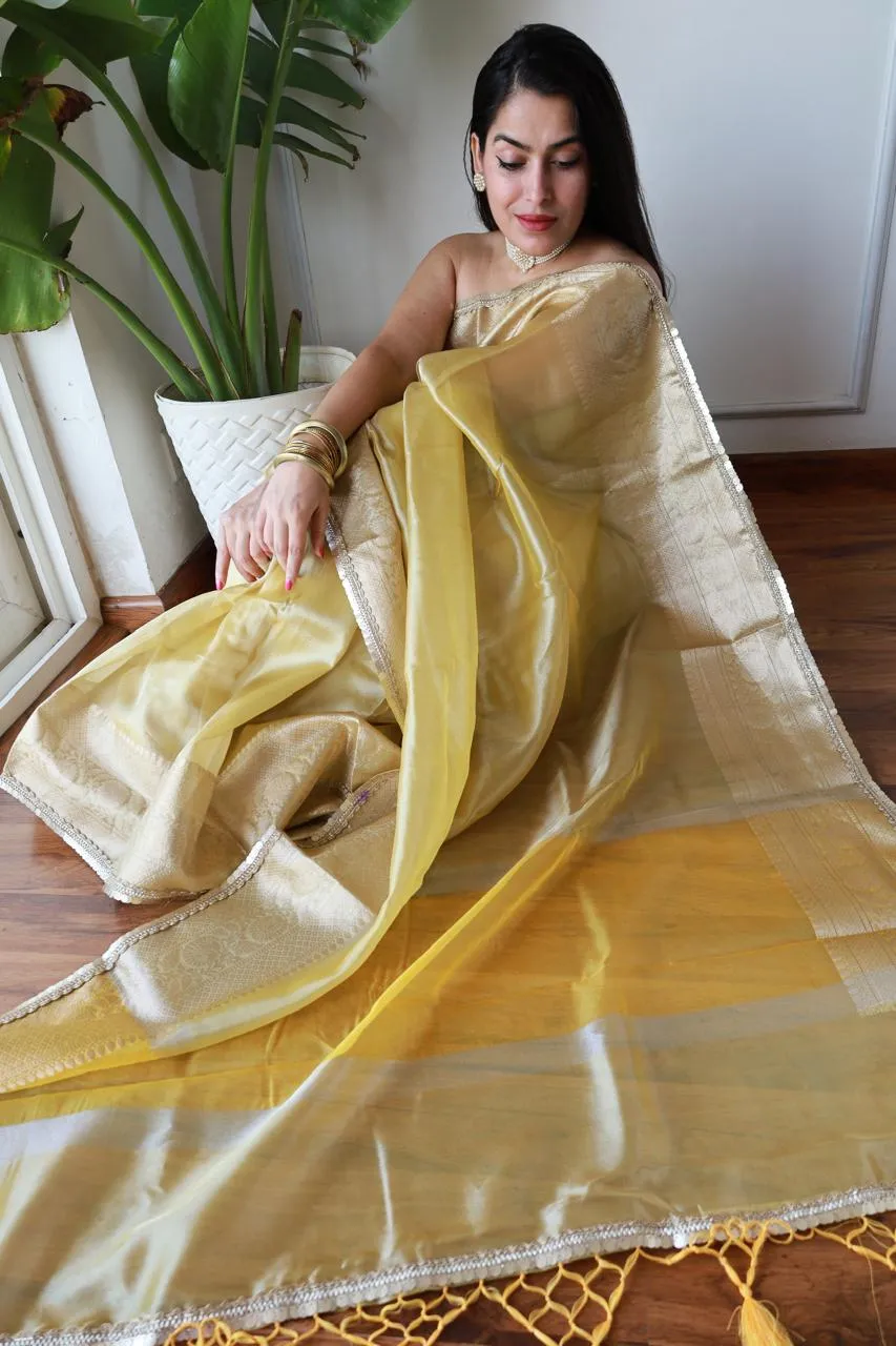 Celebrity Inspired  Yellow Tissue Saree