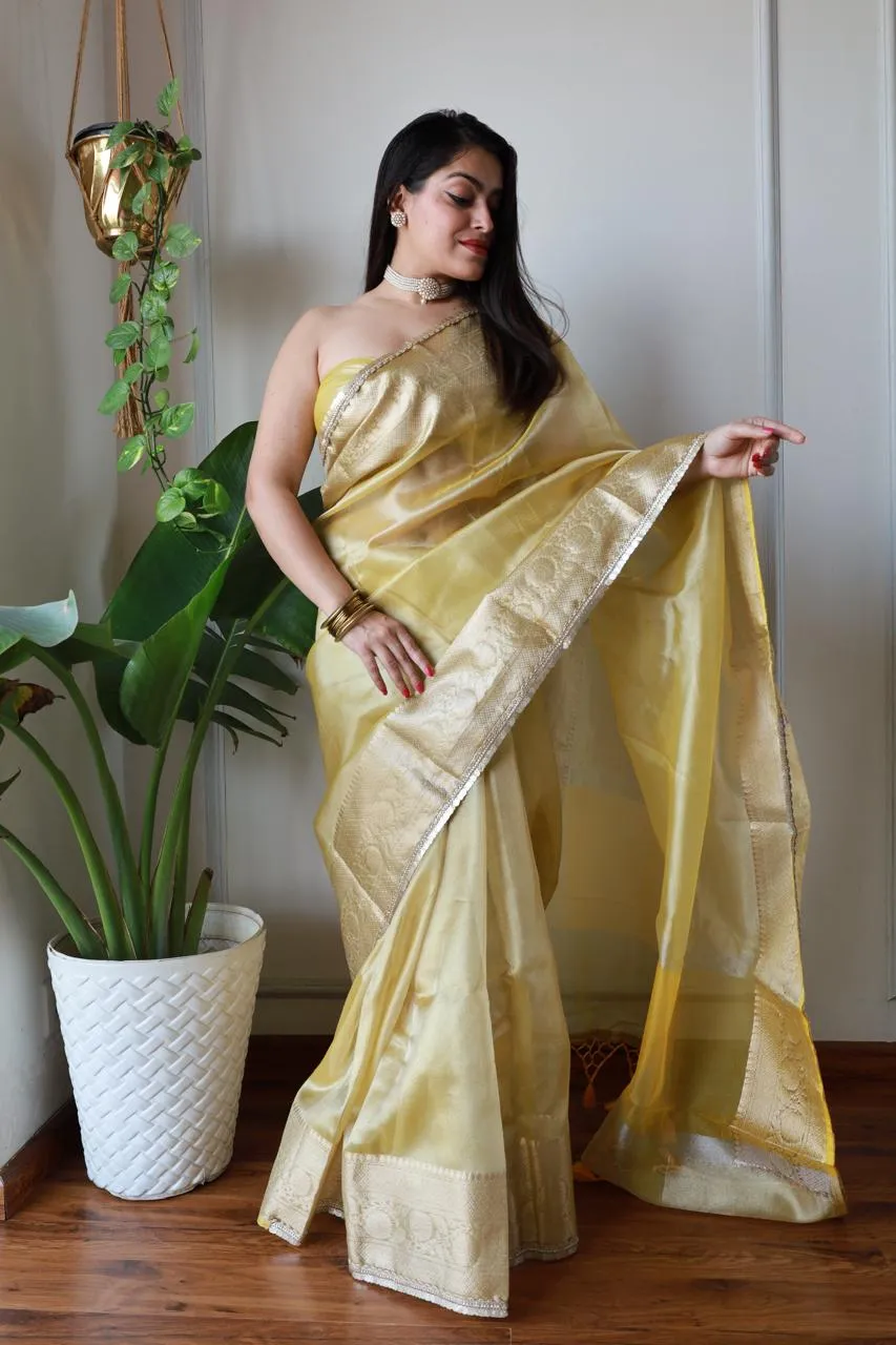 Celebrity Inspired  Yellow Tissue Saree