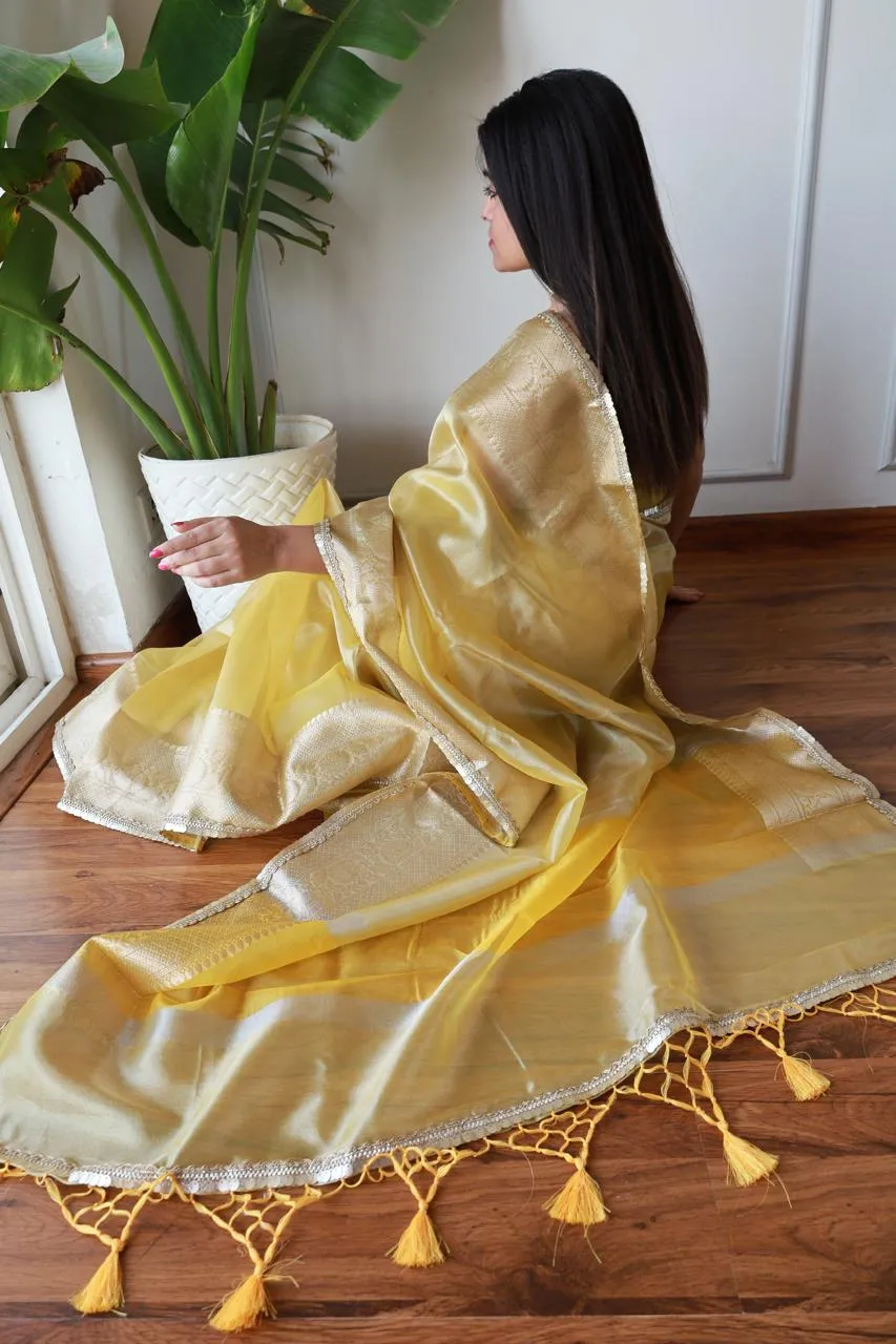 Celebrity Inspired  Yellow Tissue Saree
