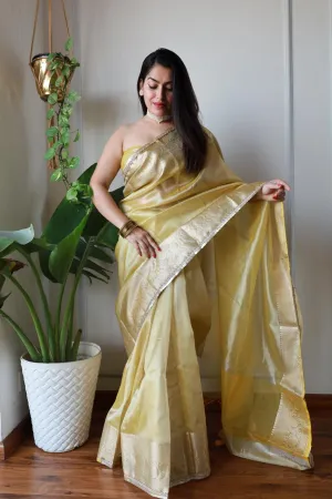 Celebrity Inspired  Yellow Tissue Saree