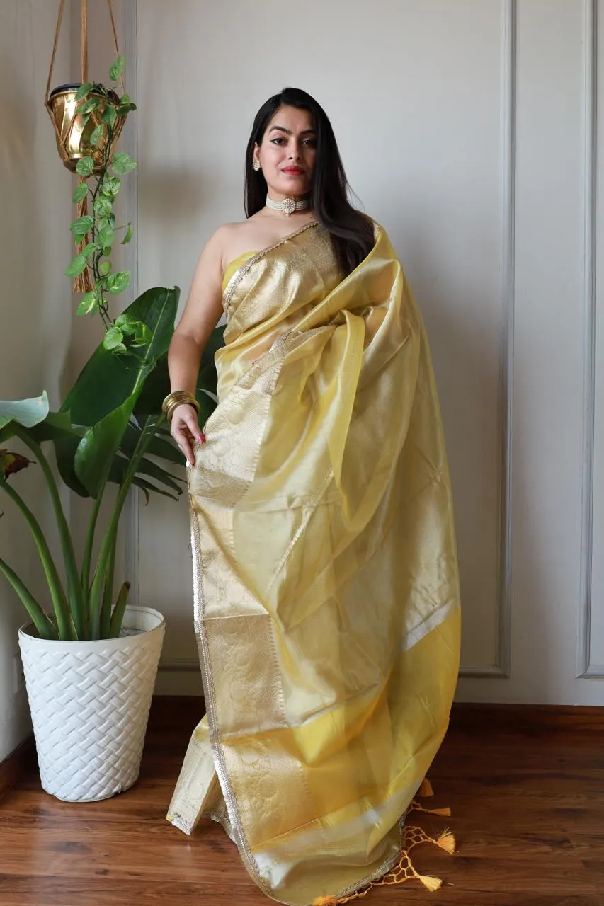 Celebrity Inspired  Yellow Tissue Saree
