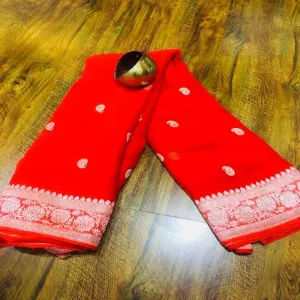 Cherry Red Banarasi Jaal Khaddi Georgette Saree