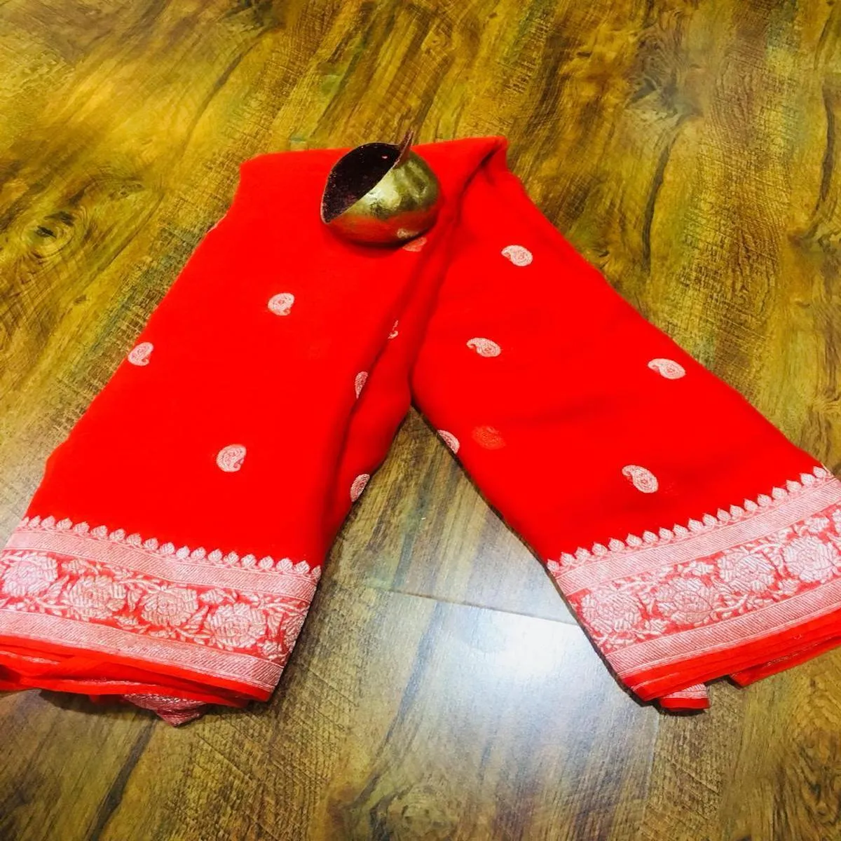 Cherry Red Banarasi Jaal Khaddi Georgette Saree