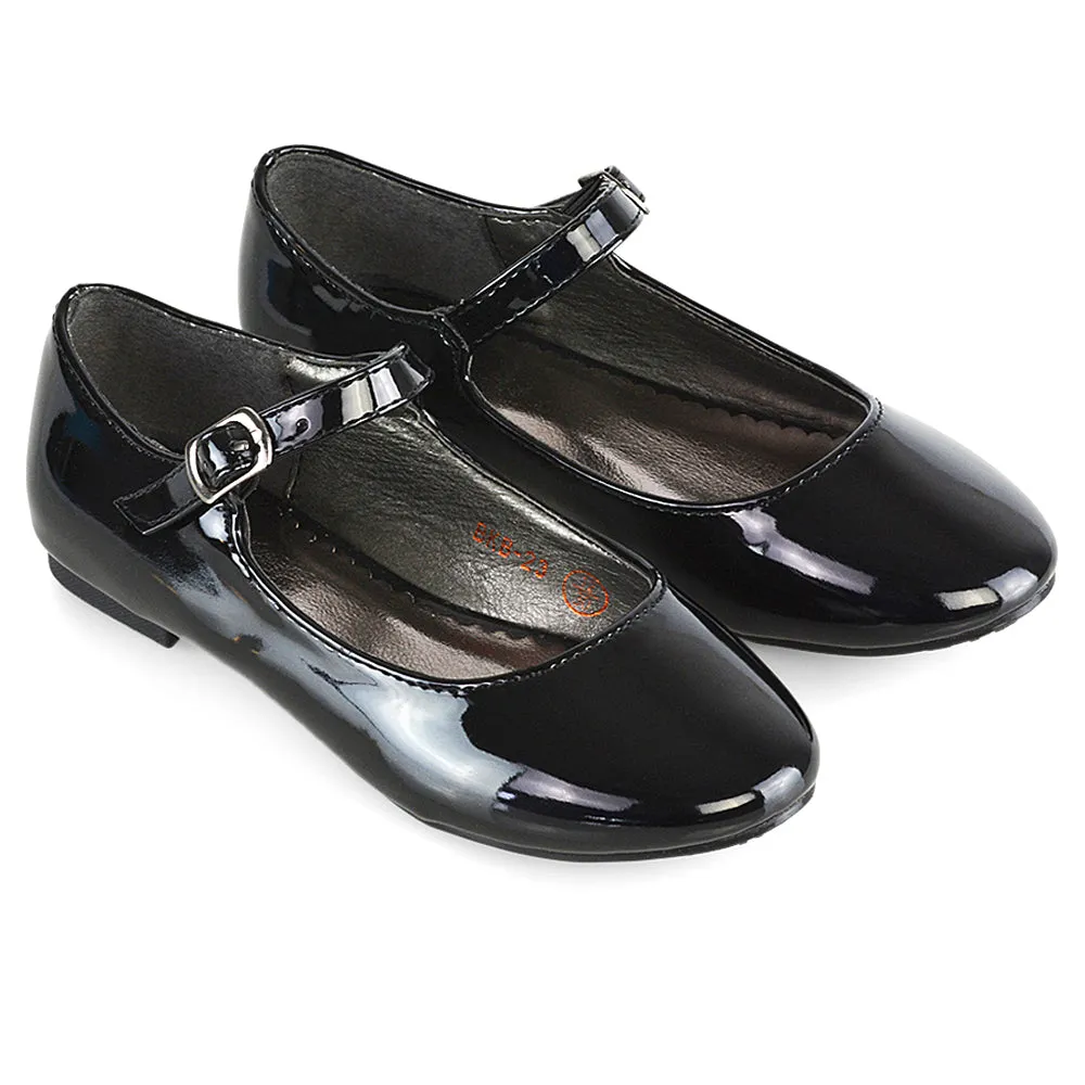 Connie Kids Strappy Buckle Detail Flat Ballerina Bridal Pump Wedding Shoes In Black
