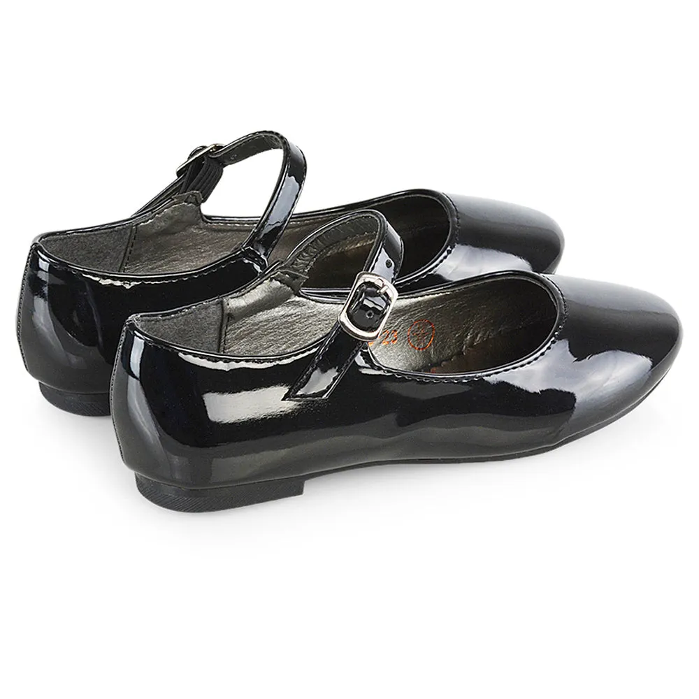 Connie Kids Strappy Buckle Detail Flat Ballerina Bridal Pump Wedding Shoes In Black