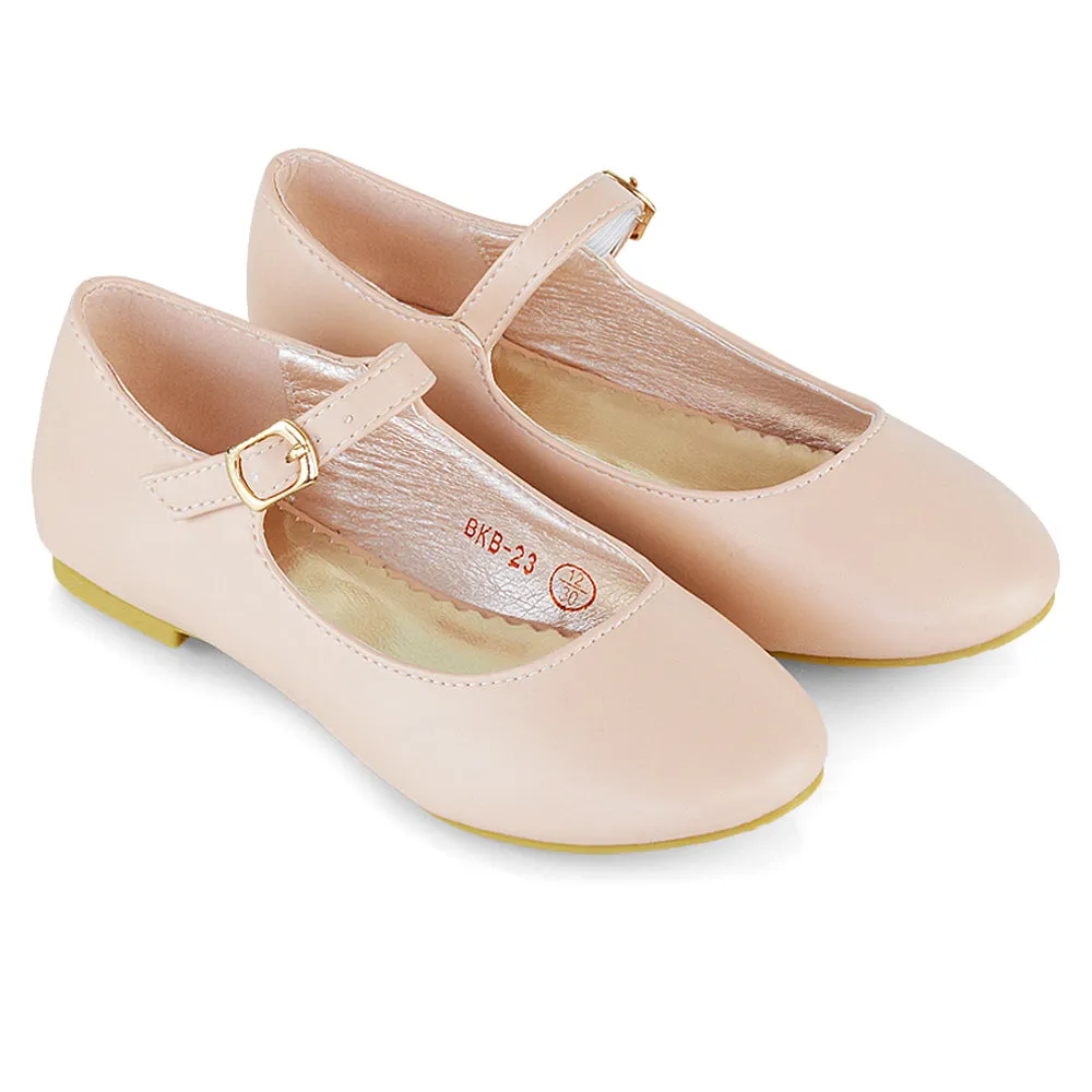 Connie Kids Strappy Buckle Detail Flat Ballerina Bridal Pump Wedding Shoes In Pink