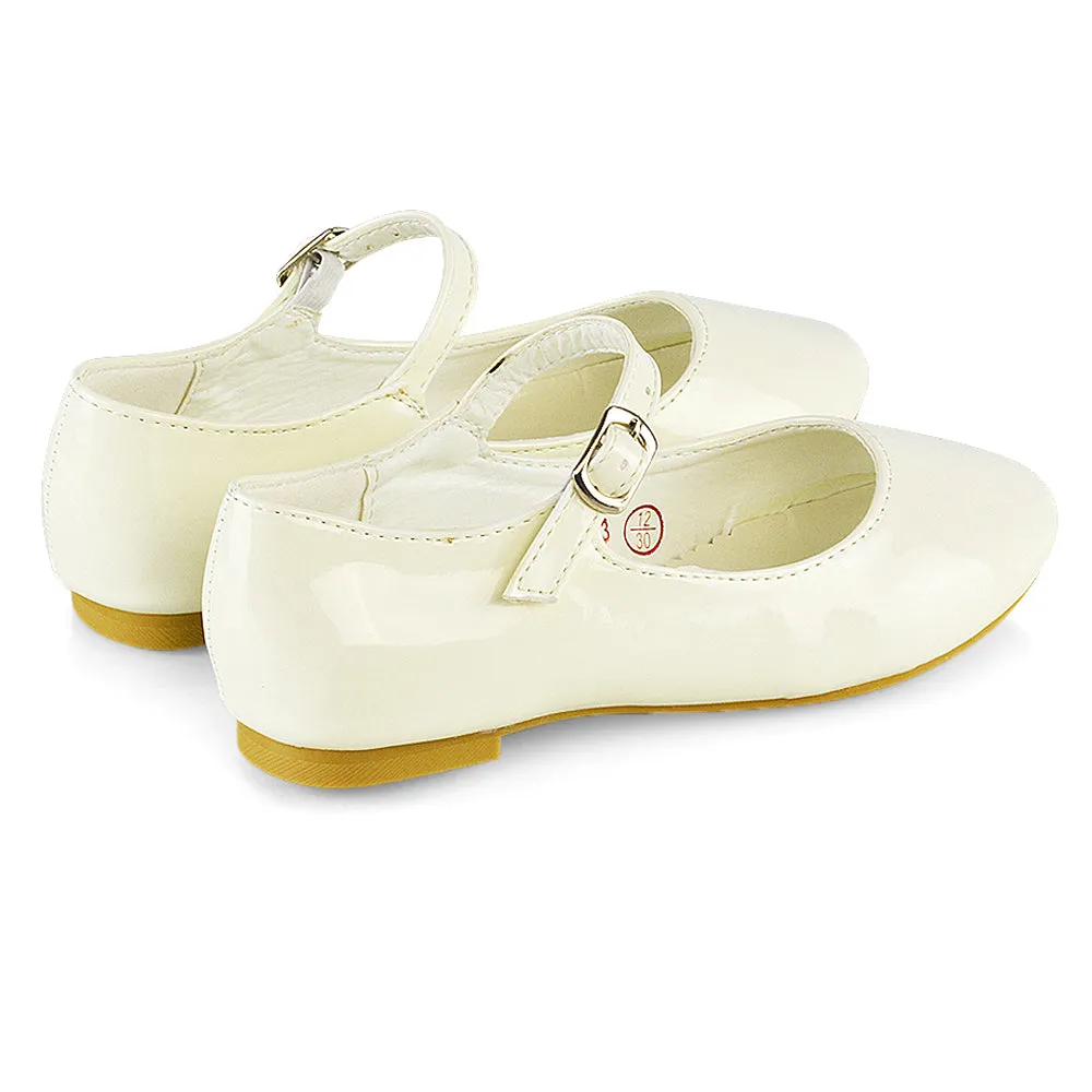 Connie Kids Strappy Buckle Detail Flat Ballerina Bridal Pump Wedding Shoes In White