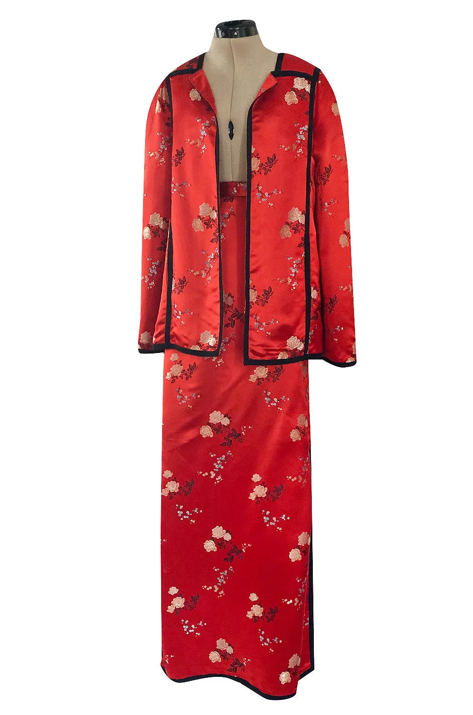 Fabulous 1970s Bill Gibb Red Woven Floral Print Silk Jacket w Matching High Slit Skirt