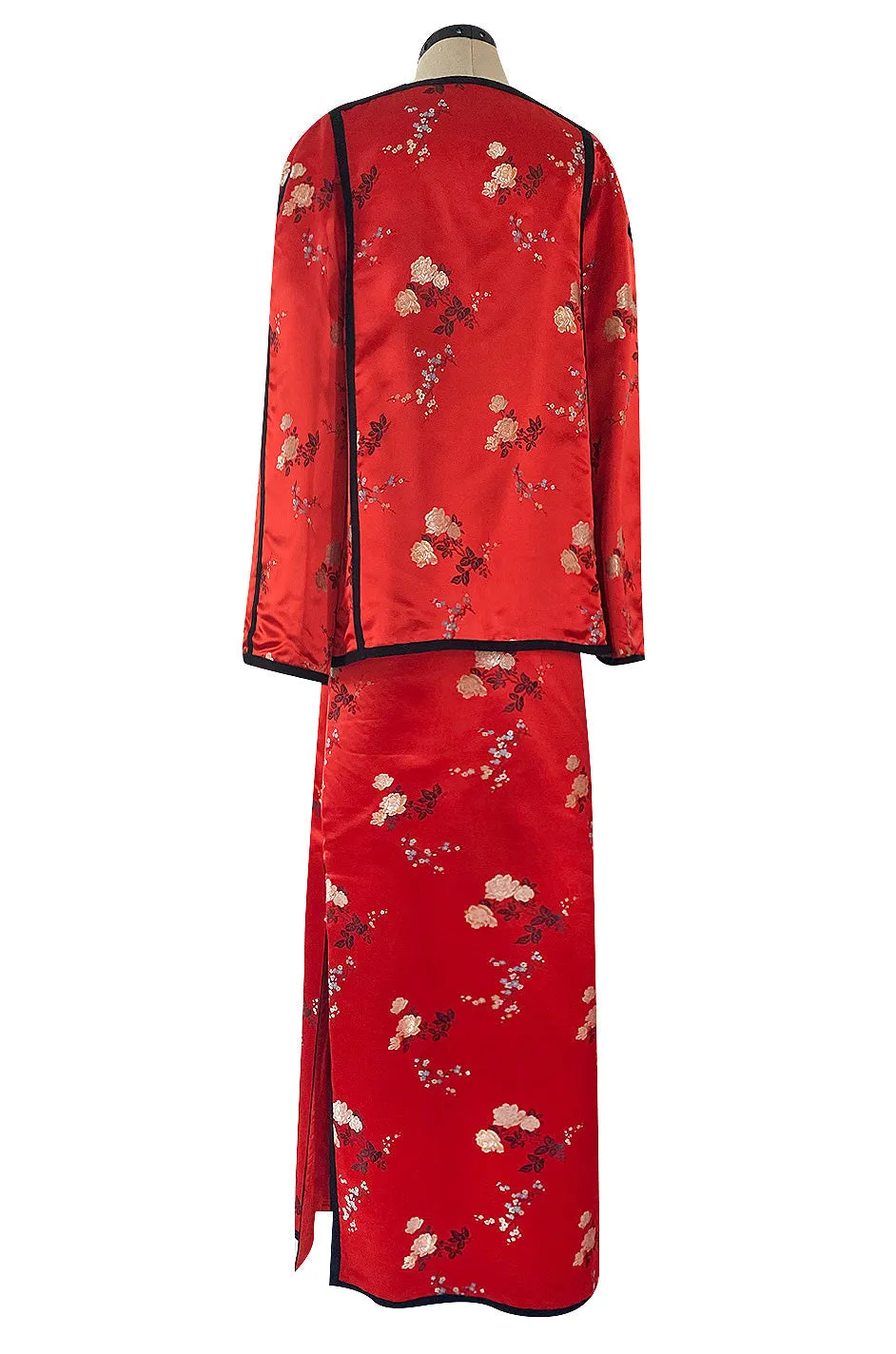 Fabulous 1970s Bill Gibb Red Woven Floral Print Silk Jacket w Matching High Slit Skirt