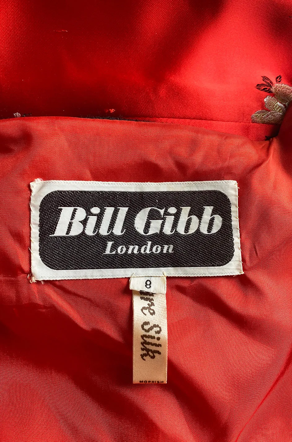 Fabulous 1970s Bill Gibb Red Woven Floral Print Silk Jacket w Matching High Slit Skirt