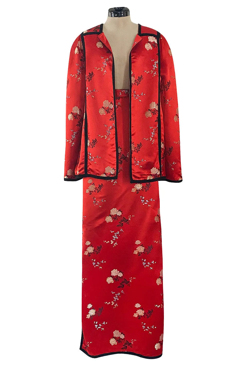 Fabulous 1970s Bill Gibb Red Woven Floral Print Silk Jacket w Matching High Slit Skirt