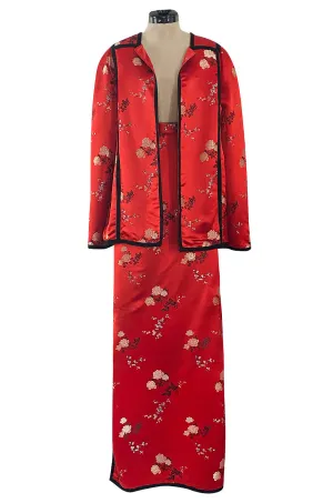 Fabulous 1970s Bill Gibb Red Woven Floral Print Silk Jacket w Matching High Slit Skirt