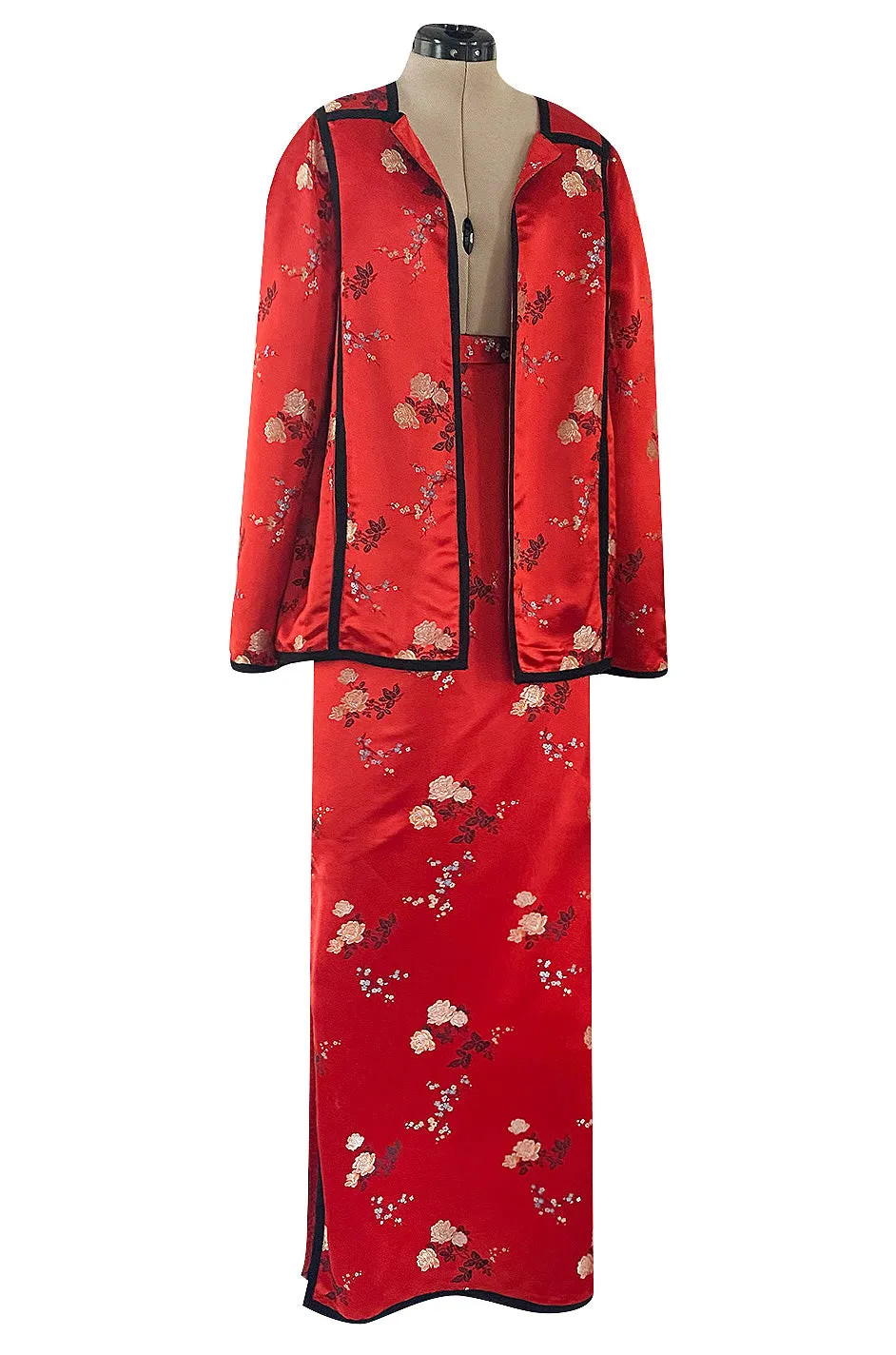 Fabulous 1970s Bill Gibb Red Woven Floral Print Silk Jacket w Matching High Slit Skirt