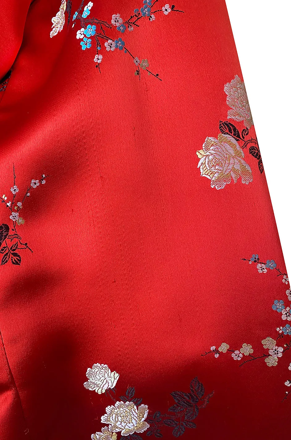 Fabulous 1970s Bill Gibb Red Woven Floral Print Silk Jacket w Matching High Slit Skirt