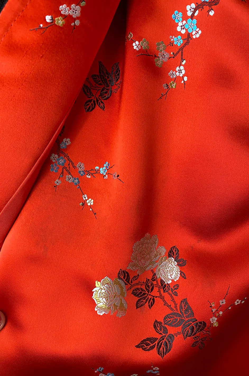 Fabulous 1970s Bill Gibb Red Woven Floral Print Silk Jacket w Matching High Slit Skirt
